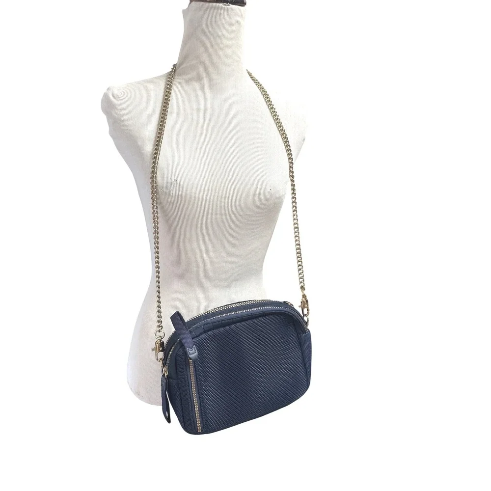 Stella & Dot Navy Embossed Croc Crossbody Camera Bag Gold Chain Strap